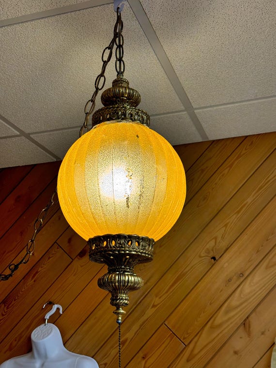 Swag Lamp, Vintage 1960s 1970s MCM, Amber Colored