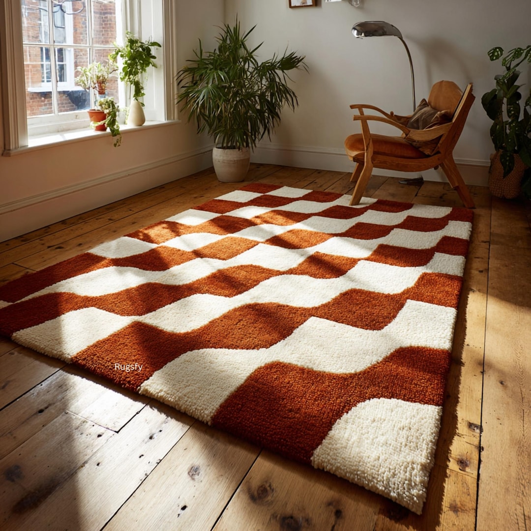 Retro Checkered Wool Rug Mid century Wavy Checkerboard Area Rug retro-checkered-wool-rug-mid-century-wavy-checkerboard-area-rug