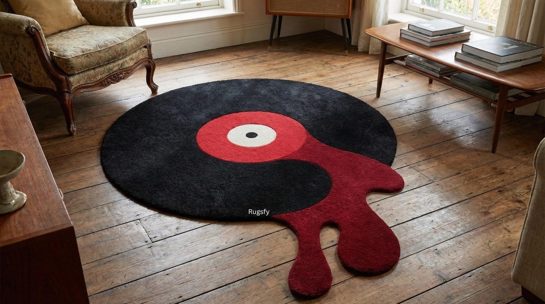 Vinyl Record Tufted Rug | Abstract Melting Music Area Rug, Black Red - Etsy