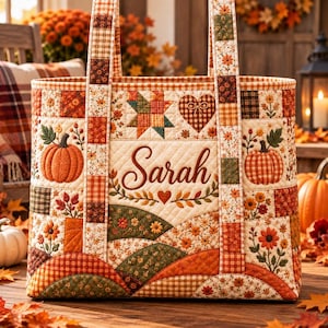 May include: A quilted tote bag featuring a patchwork design with autumn-themed patterns, including pumpkins, flowers, and a heart. The center panel is cream-colored with the name Sarah embroidered in brown script, surrounded by a leafy vine motif.