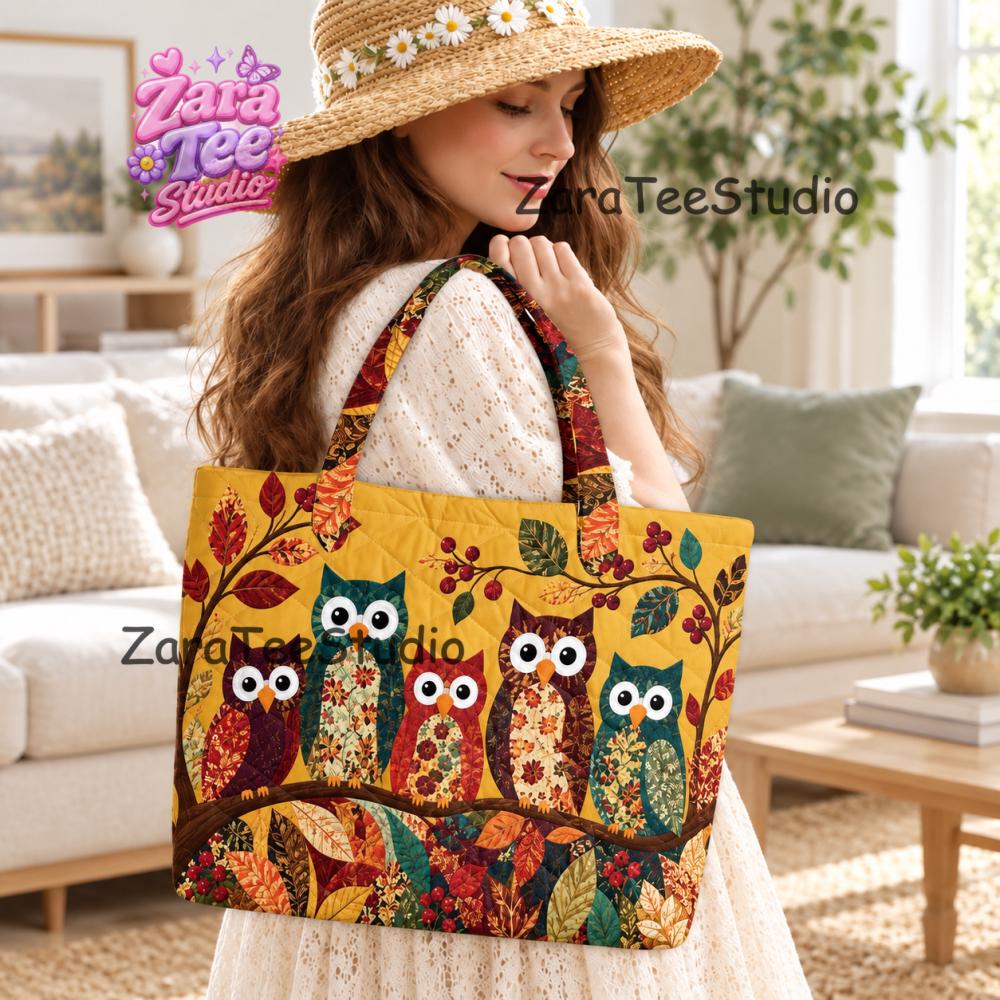 Owl Quilted Tote Bag, Printed Faux Patched Owl Nature Aesthetic Shoulder Bag, Animal Nature Boho Han