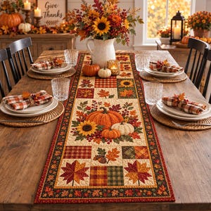 Puede incluir: Un camino de mesa rectangular de tela con un diseño de patchwork que presenta motivos otoñales, incluyendo calabazas naranjas y blancas, girasoles, bellotas y hojas de arce en tonos rojos, amarillos y verdes, con patrones de cuadros.
