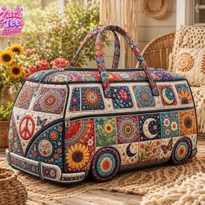 Hippie Camper Van Travel Bag, Boho Patchwork Weekender Tote, Bohemian Quilted Style Duffle Bag, Groovy Aesthetic Overnight Bag 14