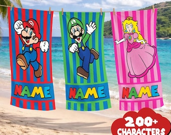 Personalized Super Mario Beach Towel, Custom Super Mario Towel, Gamer Lover Gift, Video Game Beach Towel, Birthday Boy Girl Summer Gift