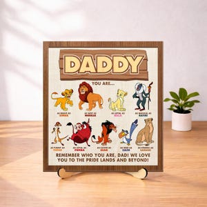 Może przedstawiać: Drewniany szyld z napisem "DADDY" w dużych, żółtych literach. Poniżej przedstawiono postacie z kreskówki Król Lew z frazami takimi jak "Odważny jak Simba" i "Mądry jak Mufasa". Szyld zawiera również tekst "Pamiętaj, kim jesteś, Tato!"