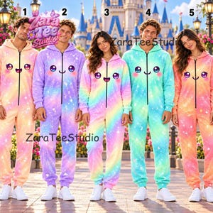 May include: Five zip-up hooded jumpsuits featuring a kawaii-style face with large eyes and a smiling mouth. Each jumpsuit displays a unique gradient colour pattern, including orange, purple, rainbow, teal, and pink, all accented with a sparkling star print.