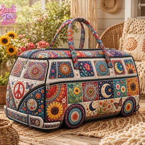 Hippie Camper Van Travel Bag, Boho Patchwork Weekender Tote, Bohemian Quilted Style Duffle Bag, Groovy Aesthetic Overnight Bag 14