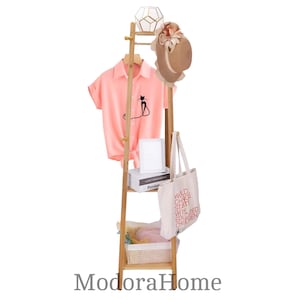 Handmade Bamboo Coat Rack with Storage Shelves – Modern Entryway Organizer & Hat Hanger Stand