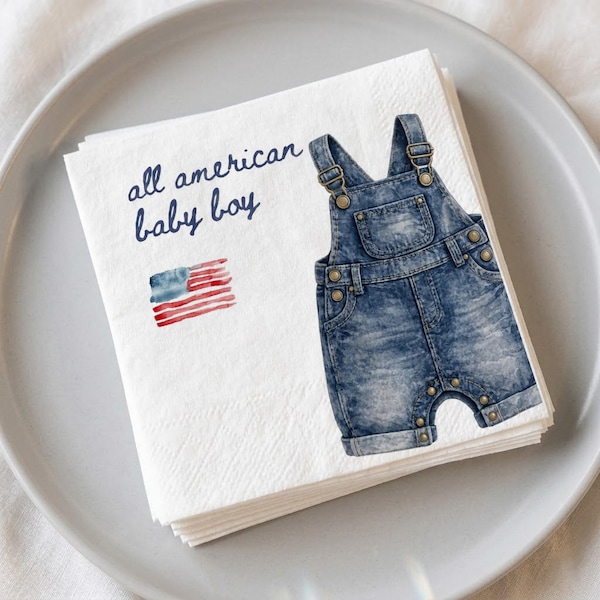 All American Baby Boy Napkins, Patriotic Baby Shower Decor, 4th of July Custom Cocktail Napkin, Denim Overalls Party