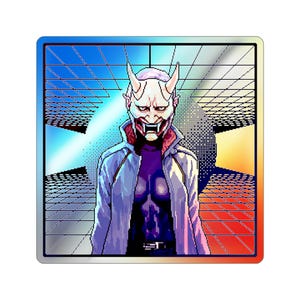 Stickers holographiques « HAN-NYA », masques japonais pixel art, esthétique cyberpunk, surface réfléchissante irisée