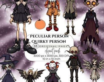 Peculiar Person Clipart, Quirky person Clipart, Gothic Clipart, Dark Halloween Characters, Angel, Clown, Witch Gothic Whimiscal Ephemera