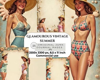 May include: Digital collage featuring vintage-style illustrations of women in swimwear and sun hats. The image includes the text "GLAMOUROUS VINTAGE SUMMER" and details about the journal pages, including dimensions of 8.5 x 11 inches.