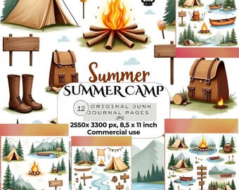 Summer Camp Junk Journal Pages | Printable Summer Camp Activity Kit | Scrapbook Paper, Summer Crafts, Camp Planner Inserts