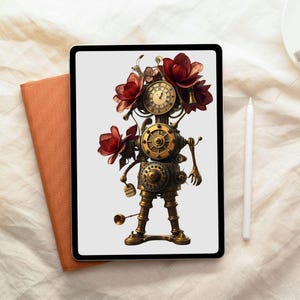 May include: A digital illustration of a steampunk robot with clock faces and gears for a body, adorned with red flowers. The robot is on a tablet, next to an orange notebook and a white stylus.
