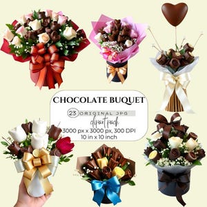 Pode incluir: Uma coleção de buquês de chocolate em vários arranjos. Alguns buquês apresentam rosas de chocolate e outras guloseimas de chocolate, embrulhadas em papel colorido e amarradas com laços. A imagem inclui o texto "CHOCOLATE BUQUET". A imagem mede 25,4 cm x 25,4 cm.