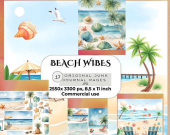 Beach Vibes ongewenste dagboekpagina's pastel zomer ephemera Kit kust plakboek printables Oceaan esthetiek digitale download vintage strandset