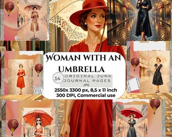 Vintage Woman with Umbrella Junk Journal Pages Retro Fashion Digital Mid Century Dot Dress Ephemera Scrapbook Kit Nostalgic Deco Style A4