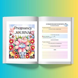 Puede incluir: Un diario de embarazo abierto, con el t&iacute;tulo "Pregnancy JOURNAL" en la p&aacute;gina izquierda, decorado con ilustraciones florales y de elefantes. La p&aacute;gina derecha es para fotos de ultrasonido y de la barriga del beb&eacute;, con indicaciones para notas y el latido del beb&eacute;.