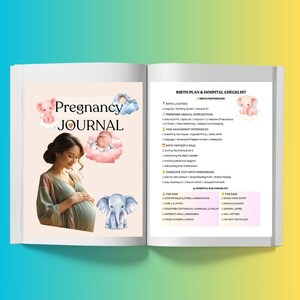 Puede incluir: Un Diario de Embarazo abierto en una p&aacute;gina doble con un plan de parto y una lista de verificaci&oacute;n del hospital. La p&aacute;gina izquierda presenta el t&iacute;tulo "Pregnancy Journal" con ilustraciones de una persona embarazada, un beb&eacute; y un elefante.