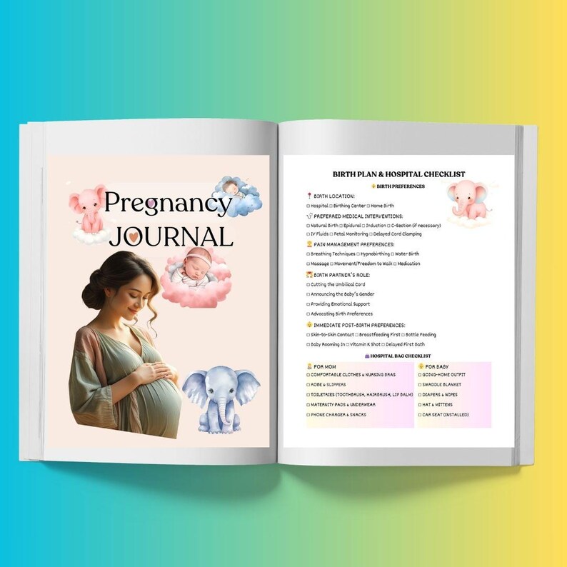 Puede incluir: Un Diario de Embarazo abierto en una p&aacute;gina doble con un plan de parto y una lista de verificaci&oacute;n del hospital. La p&aacute;gina izquierda presenta el t&iacute;tulo "Pregnancy Journal" con ilustraciones de una persona embarazada, un beb&eacute; y un elefante.