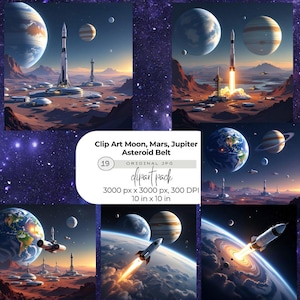 May include: Digital clip art pack with space-themed illustrations. The images show rockets launching, planets, and futuristic landscapes. The text in the image reads "Clip Art Moon, Mars, Jupiter Asteroid Belt" and "depart pack". The images are 25.4 cm by 25.4 cm.
