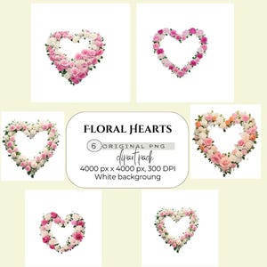 Może przedstawiać: Sześć wzorów kwiatowych serc z różami w kolorze różowym, białym i brzoskwiniowym na białym tle. Obraz zawiera tekst "FLORAL HEARTS" i "clipart pack". Idealny do różnych projektów kreatywnych i dekoracyjnych.