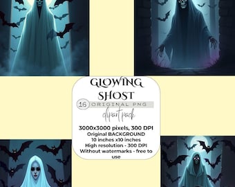 Halloween Ghost Clipart: Translucent Watercolor PNGs Set of 16 Digital Download Halloween Ghost Clipart, Glowing Ghost PNG, Spooky Halloween