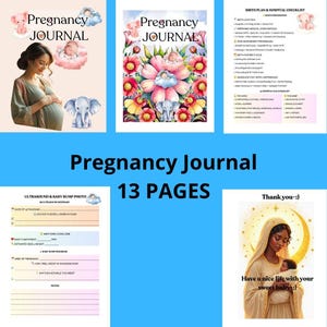 Puede incluir: Un diario de embarazo con una portada que presenta a una persona embarazada y una ilustraci&oacute;n de elefante. El diario incluye p&aacute;ginas para fotos de ultrasonido, planes de parto y una lista de verificaci&oacute;n. El texto "Pregnancy Journal" y "13 PAGES" son visibles.