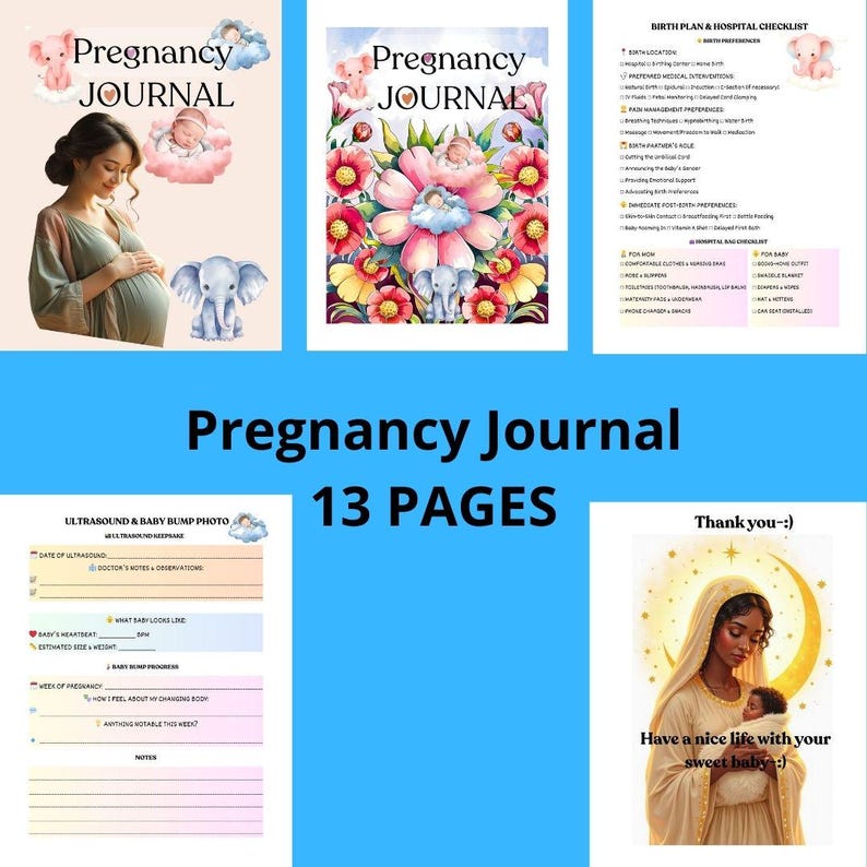 Puede incluir: Un diario de embarazo con una portada que presenta a una persona embarazada y una ilustraci&oacute;n de elefante. El diario incluye p&aacute;ginas para fotos de ultrasonido, planes de parto y una lista de verificaci&oacute;n. El texto "Pregnancy Journal" y "13 PAGES" son visibles.