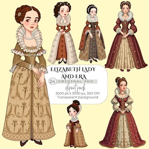 Elizabethan Lady Clipart PNG Regal Vintage Woman Illustration Royal Portrait Art Historical Female Figure Elegant Renaissance Clipart