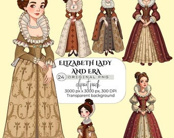 Elizabethan Lady Clipart PNG 24 Regal Vintage Woman Illustrations, Royal Portrait Art, Historical Renaissance, Tudor Era Ephemera