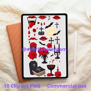 May include: A digital illustration on a tablet featuring gothic-themed clip art. The art includes red roses, vampire fangs, dripping blood, bats, crosses, and a coffin. The text at the bottom reads "10 Clip art PNG Commercial use."