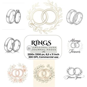 Könnte beinhalten: Digitale Illustrationen mit Eheringen und floralen Designs. Die Bilder zeigen verschiedene Ringstile, ineinander verschlungene Ringe und den Text "Always Forever" und "Forever Yours". Der Text "RINGS ORIGINAL JUNK JOURNAL PAGES" ist ebenfalls vorhanden.