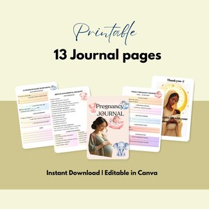 Puede incluir: Un conjunto de p&aacute;ginas imprimibles de un diario de embarazo. La portada del diario presenta a una mujer embarazada y una ilustraci&oacute;n de un beb&eacute;. El texto "Pregnancy Journal" es visible. Otras p&aacute;ginas incluyen listas de verificaci&oacute;n y rastreadores. El texto "Instant Download | Editable in Canva" tambi&eacute;n es visible.