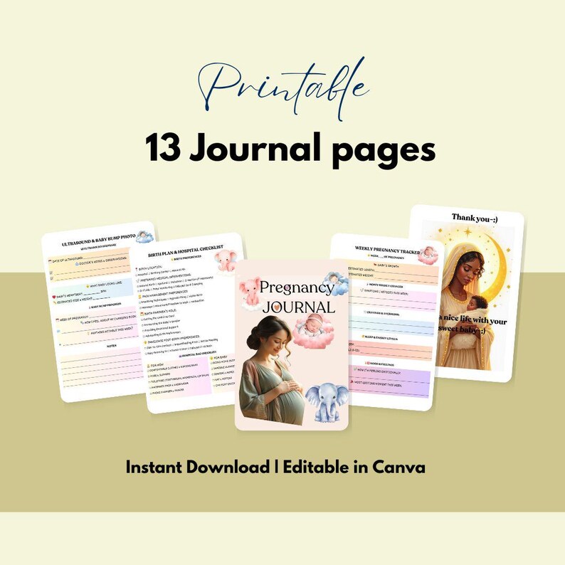 Puede incluir: Un conjunto de p&aacute;ginas imprimibles de un diario de embarazo. La portada del diario presenta a una mujer embarazada y una ilustraci&oacute;n de un beb&eacute;. El texto "Pregnancy Journal" es visible. Otras p&aacute;ginas incluyen listas de verificaci&oacute;n y rastreadores. El texto "Instant Download | Editable in Canva" tambi&eacute;n es visible.