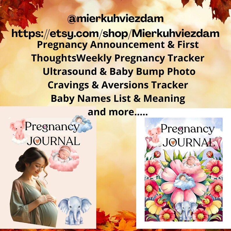 Puede incluir: Imagen promocional para un diario de embarazo. La imagen presenta el texto "Pregnancy JOURNAL" y enumera caracter&iacute;sticas como un rastreador semanal de embarazo, un rastreador de antojos y aversiones, y una lista de nombres de beb&eacute;s. La imagen tiene un esquema de color c&aacute;lido y oto&ntilde;al.