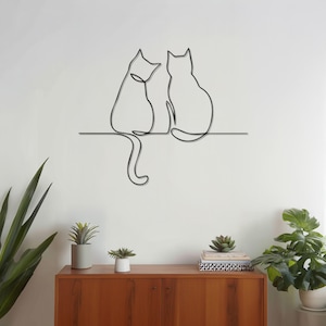Minimalist Cat Couple Line Art – Modern Metal Wall Decor for Pet Lovers, Romantic Sitting Cats Silhouette for Bedroom, Living Room Accent