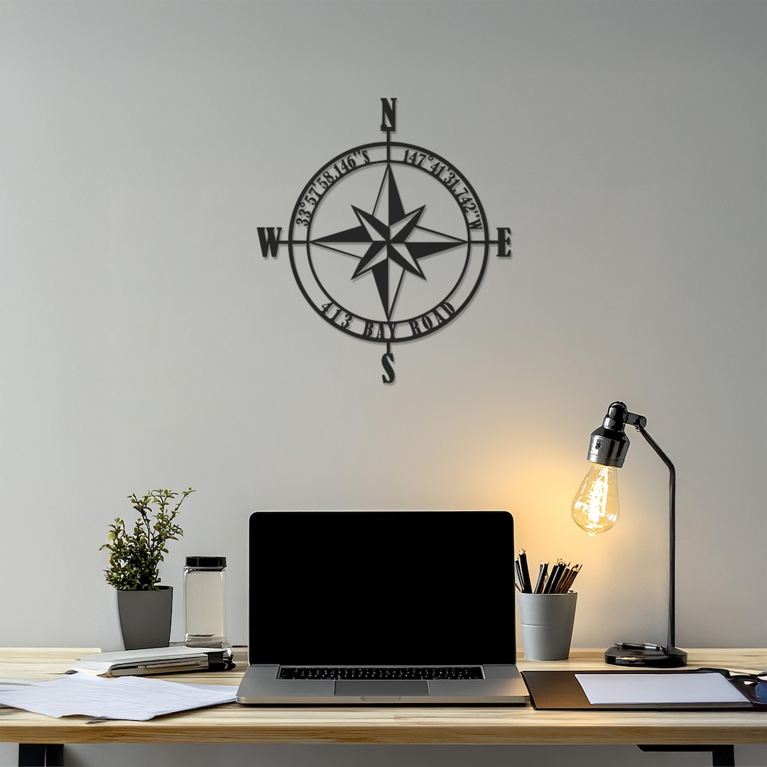 Compass Wall Sample Custom Compass Metal Wall Art, Personalized Coordinates and Name Sign ...