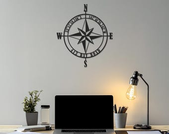Custom Compass Metal Wall Art, Personalized Coordinates and Name Sign, Nautical Home Decor for Living Room, Entryway, Office, or Gift