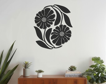 Arte floral de pared de metal, dos flores florecientes con hojas, diseño moderno de metal negro para sala de estar, dormitorio, pasillo o decoración de pared de jardín.