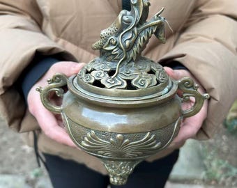 Feng Shui copper Dragon Incense Burner Censer Lucky  Holder pz096
