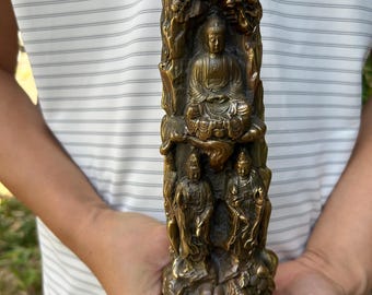 Décoration bouddhiste vintage en laiton, relief de montagne représentant le Bouddha de la Terre Pure occidental et la Triade