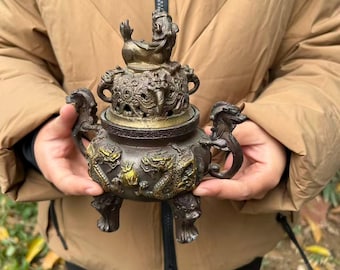 Brass Dragon Incense Burner Censer Lucky Feng Shui Holder pz084