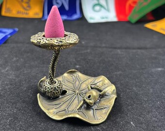 Brûle-encens vintage en cuivre, décor de temple du Népal, attrape-cendres grenouille