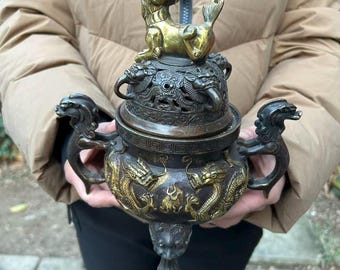 Feng Shui Brass Dragon Incense Burner Censer Lucky  Holder pz095