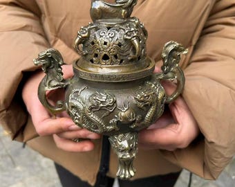 Incensario de latón con forma de dragón, soporte de la suerte para Feng Shui pz087