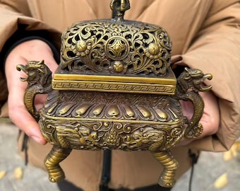 Brass Dragon Incense Burner Censer Lucky Feng Shui Holder pz088