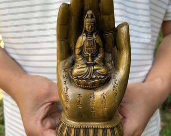 Statuette vintage en laiton de Guanyin, socle en lotus, avec vase et Sūtra du Cœur, décoration d'autel bouddhiste
