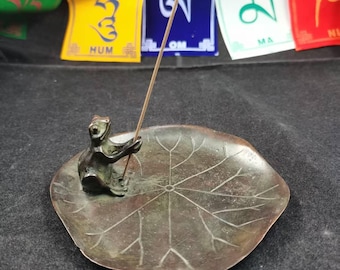 Brûle-encens grenouille en cuivre, porte-encens feuille de lotus
