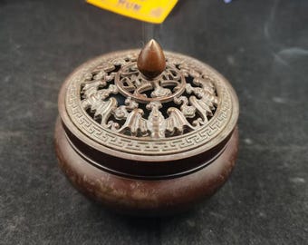 Quemador de incienso antiguo de cobre con motivo de murciélago, atrapa cenizas, candelabro y diseño de Buda PZ063A